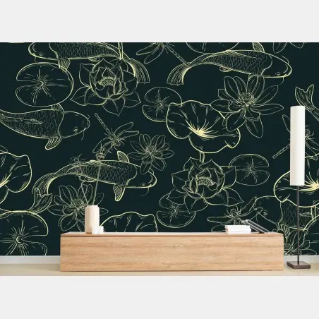 Wall mural hand-drawn koi and lotus pattern • Wallissimo®