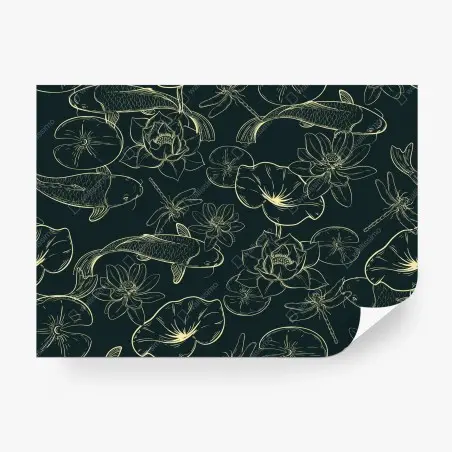 Wall mural hand-drawn koi and lotus pattern • Wallissimo®