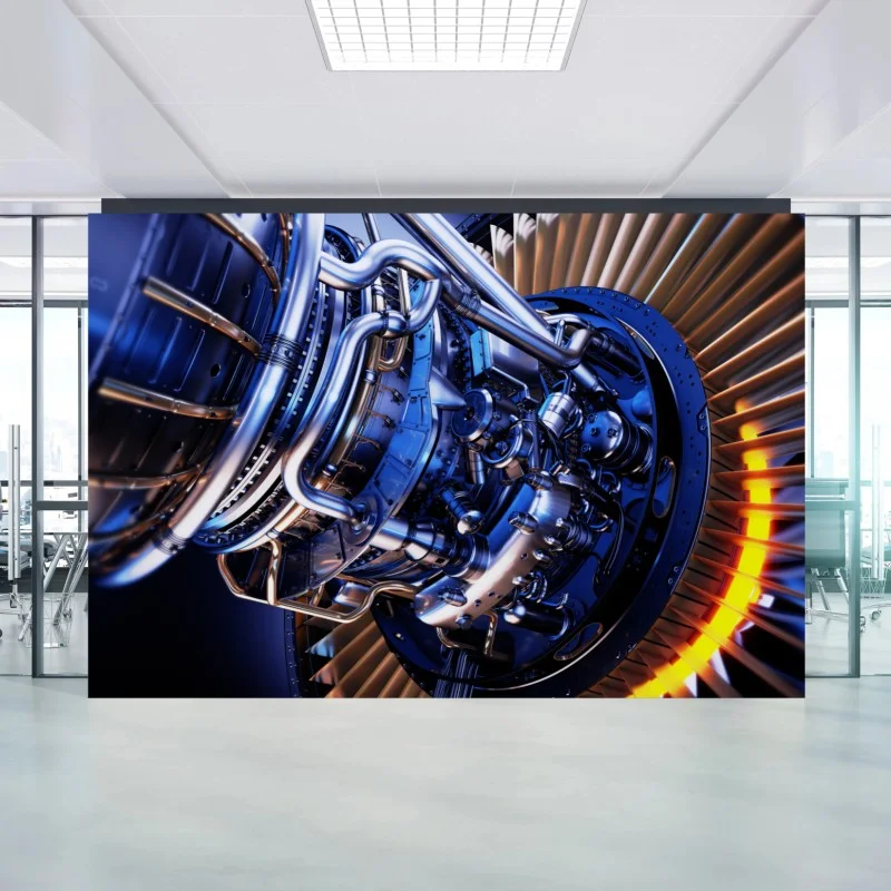 Wall mural jet engine turbine close-up in blue and orange