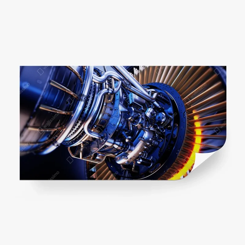 Wall mural jet engine turbine close-up in blue and orange