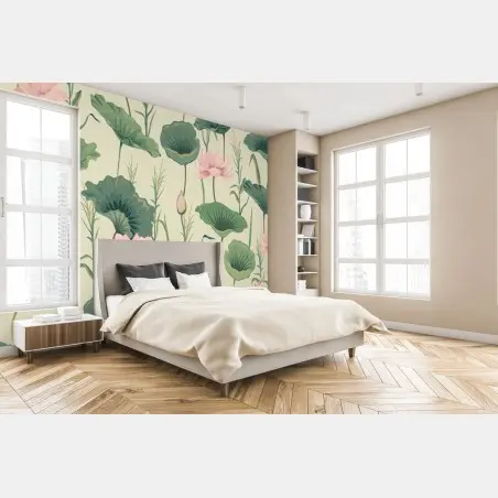 Wall mural soft lotus garden botanical print • Wallissimo®