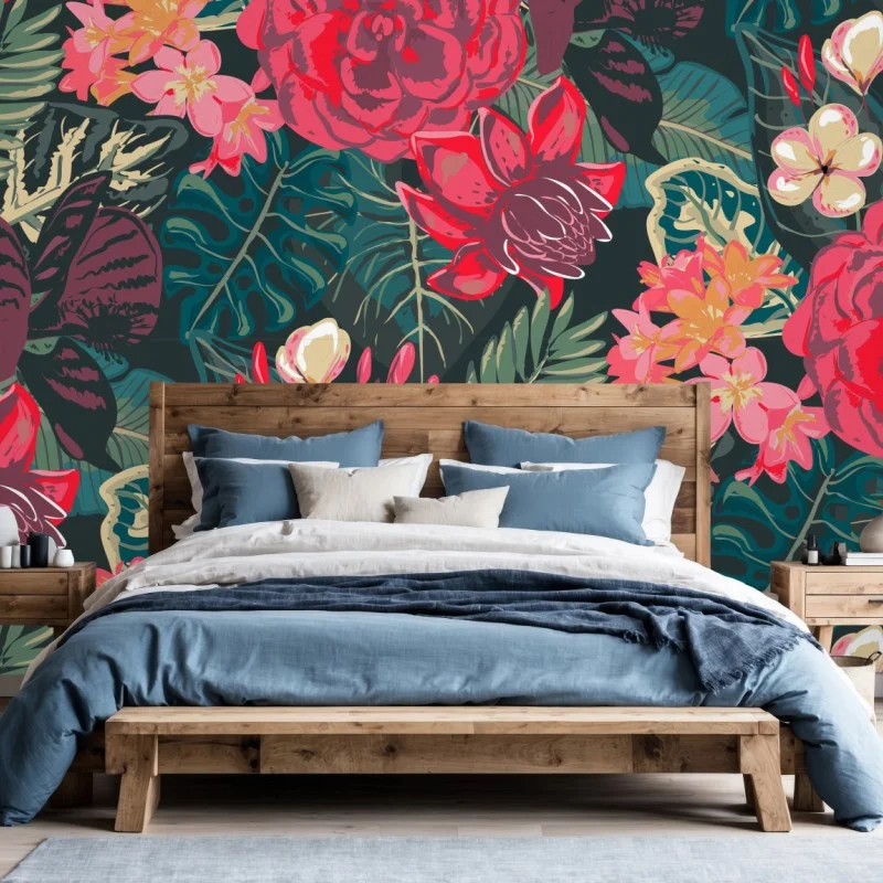 Wall mural tropical floral pattern in pink and teal