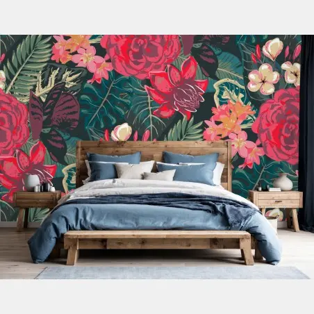 Wall mural tropical floral pattern in pink and teal • Wallissimo®