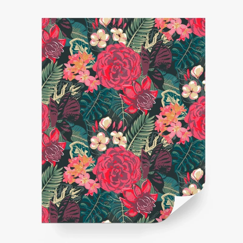 Wall mural tropical floral pattern in pink and teal