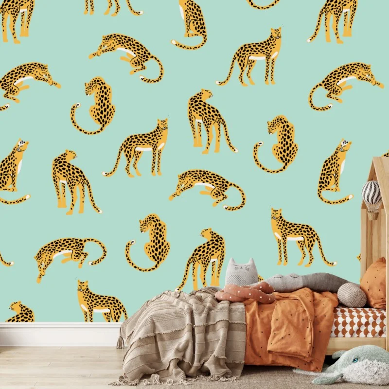 Wall mural playful cheetah pattern on turquoise background