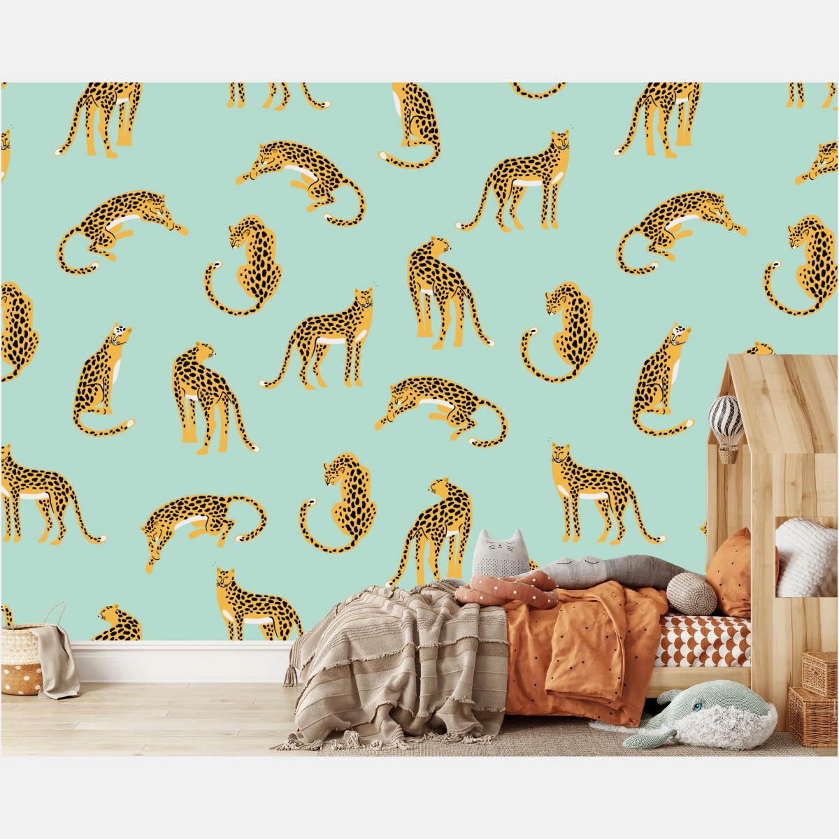 Wall mural playful cheetah pattern on turquoise background • Wallissimo®