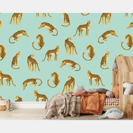 Wall mural playful cheetah pattern on turquoise background • Wallissimo®