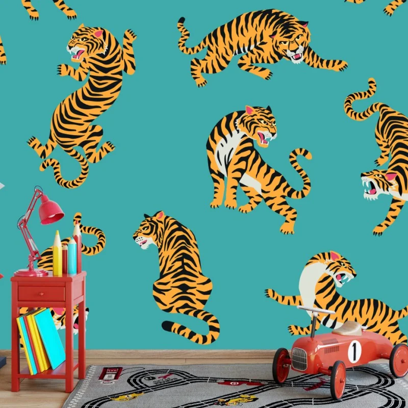 Wall mural stylized tiger pattern on turquoise background
