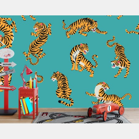 Wall mural stylized tiger pattern on turquoise background • Wallissimo®