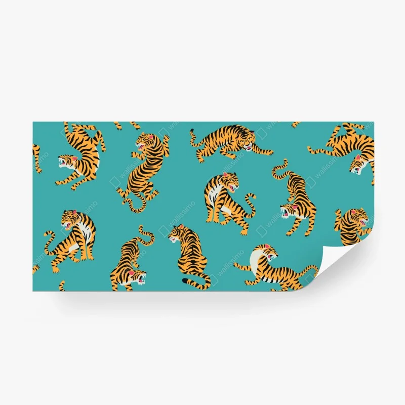 Wall mural stylized tiger pattern on turquoise background