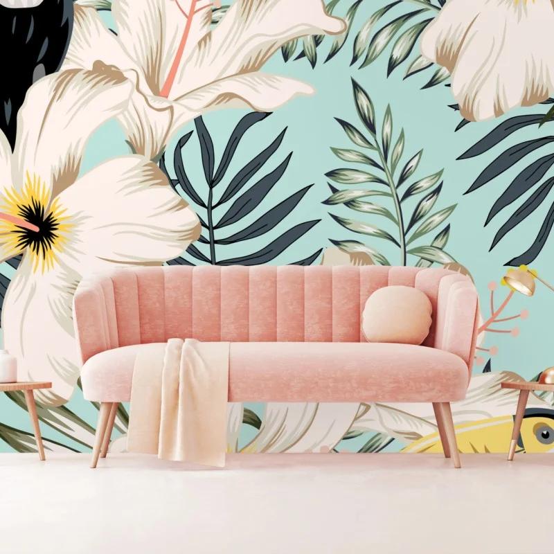 Wall mural tropical toucan floral pattern