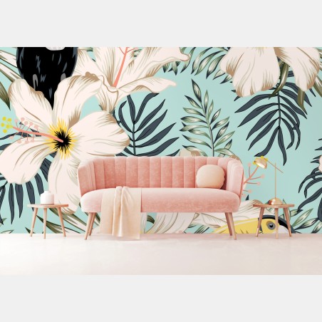 Wall mural tropical toucan floral pattern • Wallissimo®