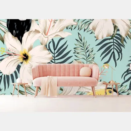 Wall mural tropical toucan floral pattern • Wallissimo®