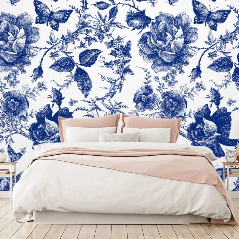 Wall mural blue floral toile pattern