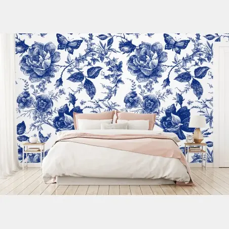 Wall mural blue floral toile pattern • Wallissimo®