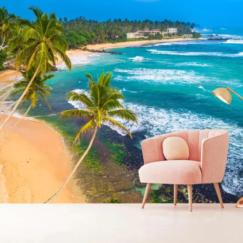 Wall mural turquoise tropical coastline with palm trees