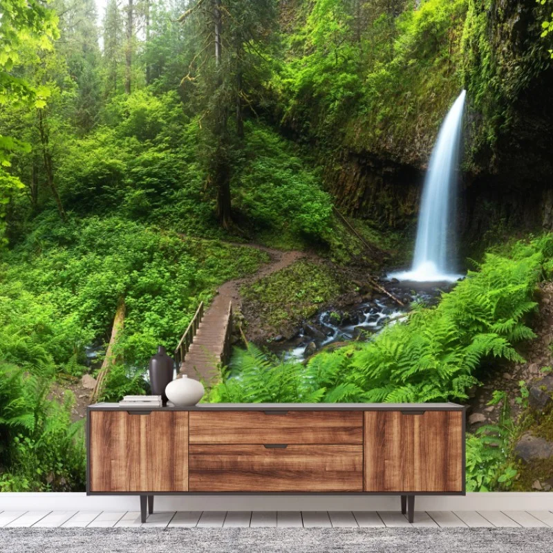 Wall mural lush forest waterfall panorama