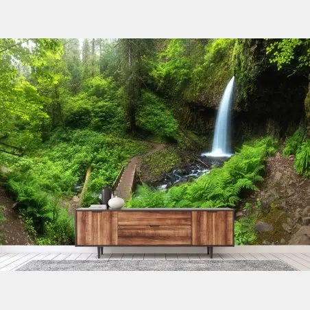 Wall mural lush forest waterfall panorama • Wallissimo®