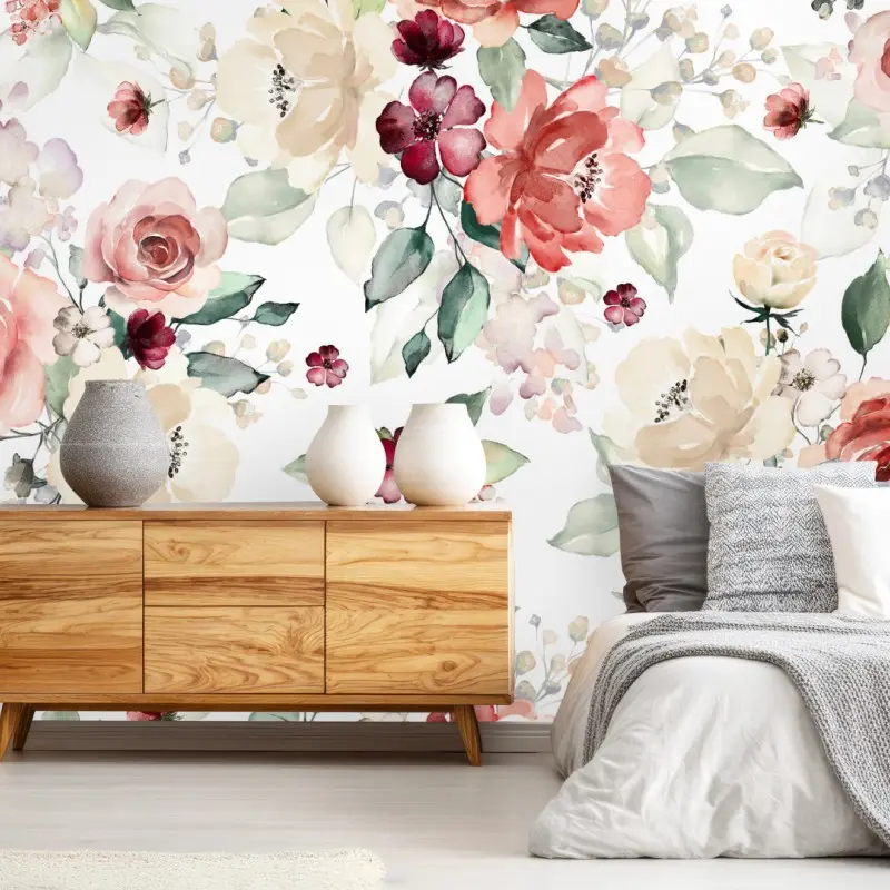 Wall mural delicate watercolor rose floral pattern