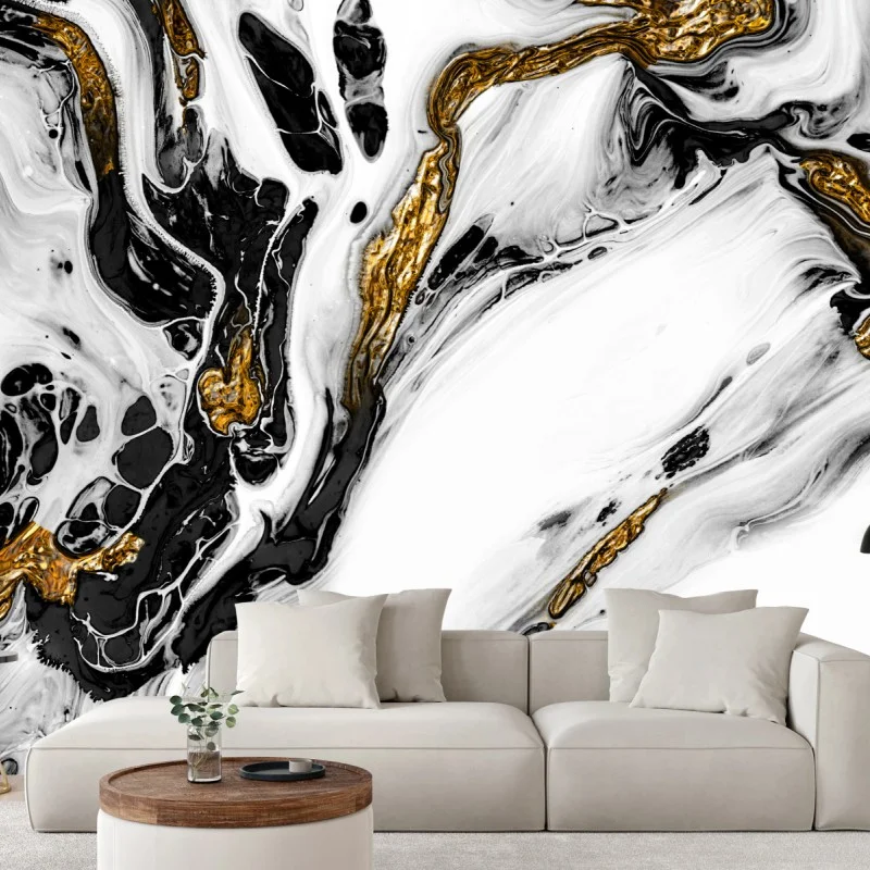 Wall mural black and white marble with gold veins