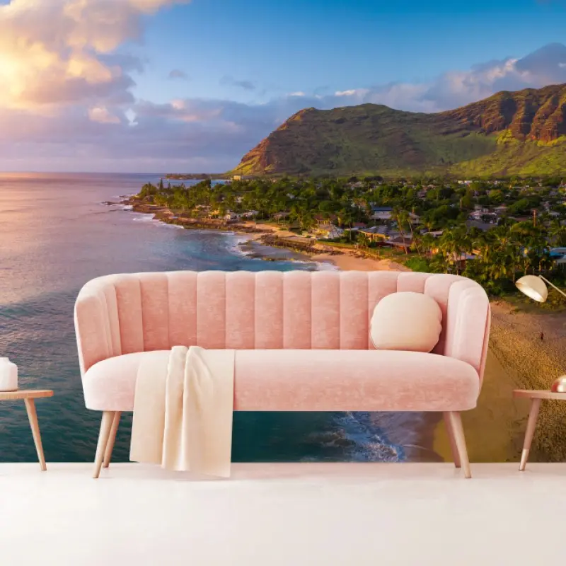 Wall mural sunset beach panorama with tropical mountains