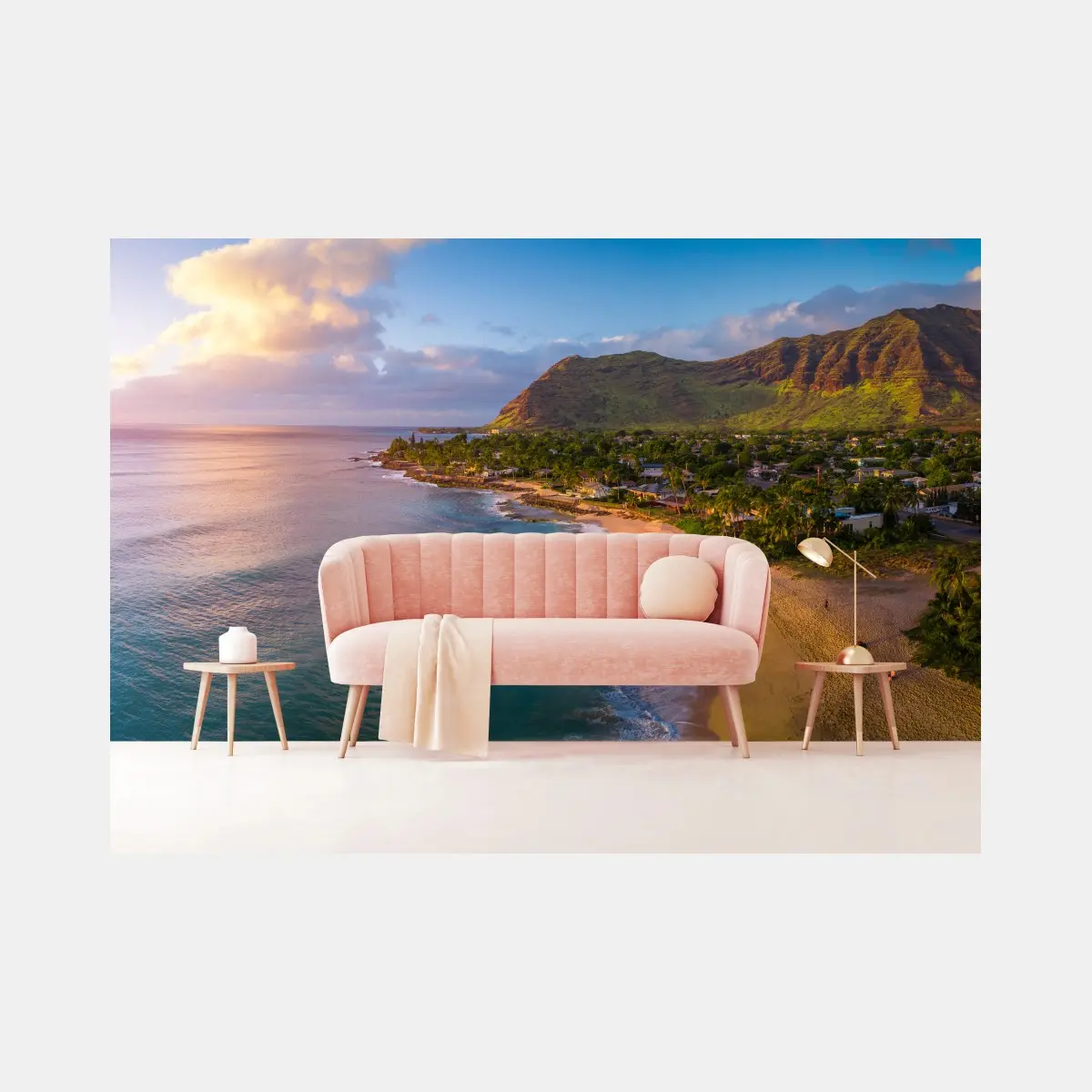 Wall mural sunset beach panorama with tropical mountains • Wallissimo®