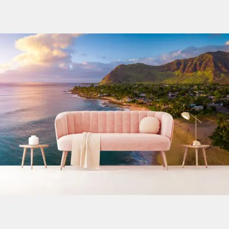 Wall mural sunset beach panorama with tropical mountains • Wallissimo®
