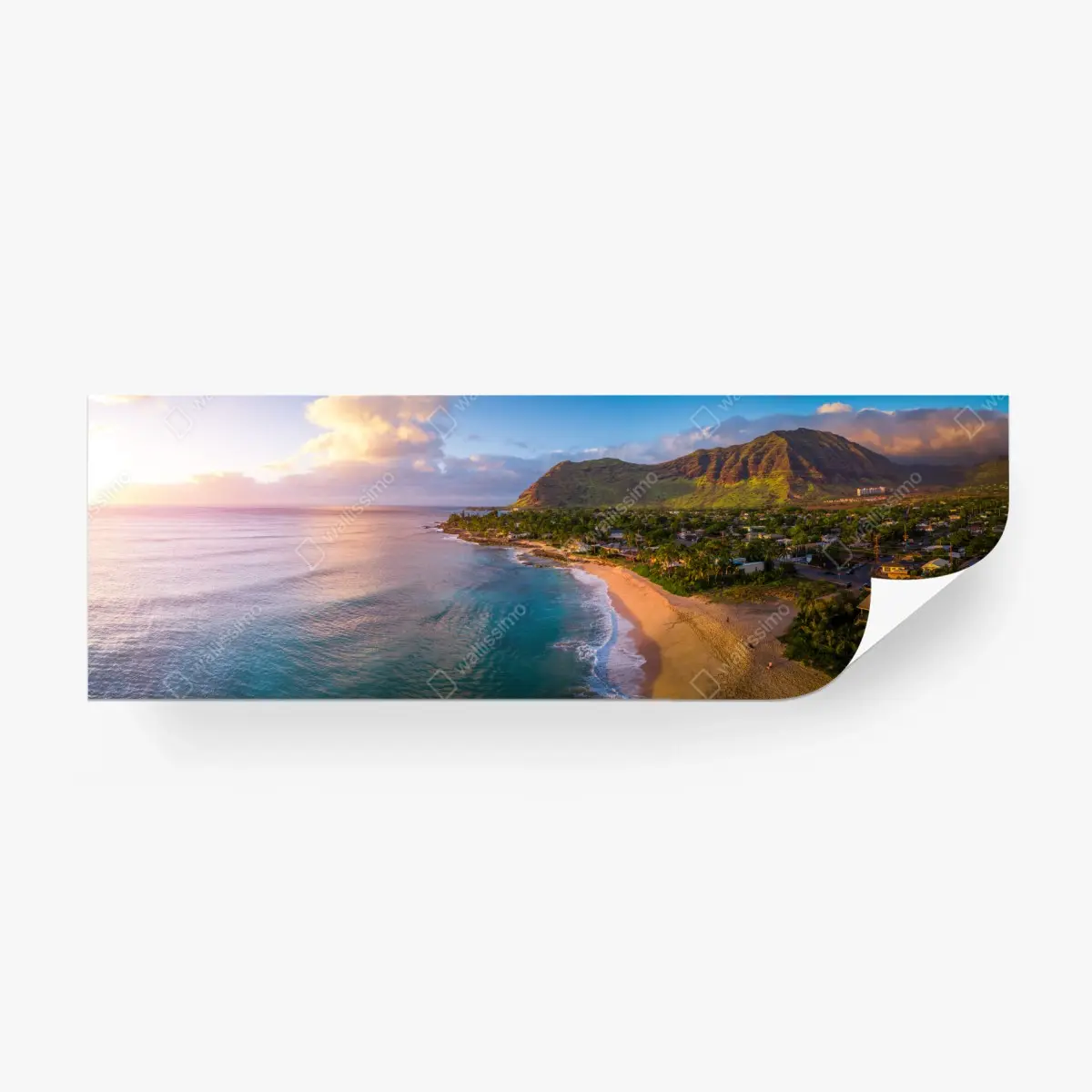 Wall mural sunset beach panorama with tropical mountains • Wallissimo®
