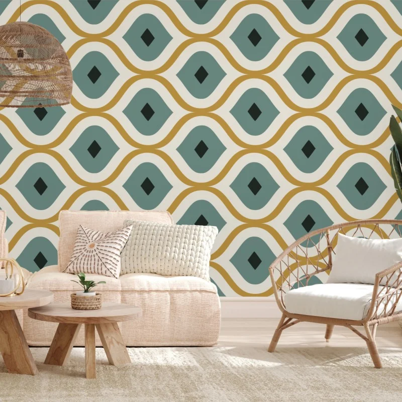 Wall mural teal and gold geometric ornament pattern