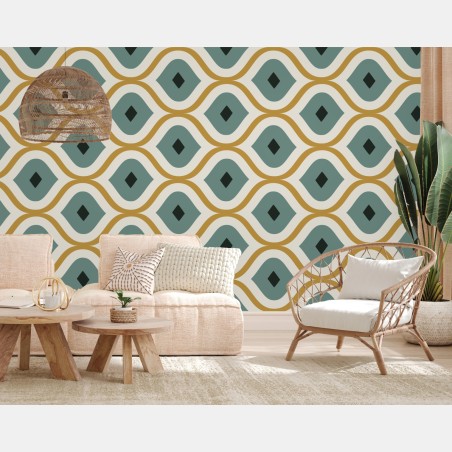 Wall mural teal and gold geometric ornament pattern • Wallissimo®