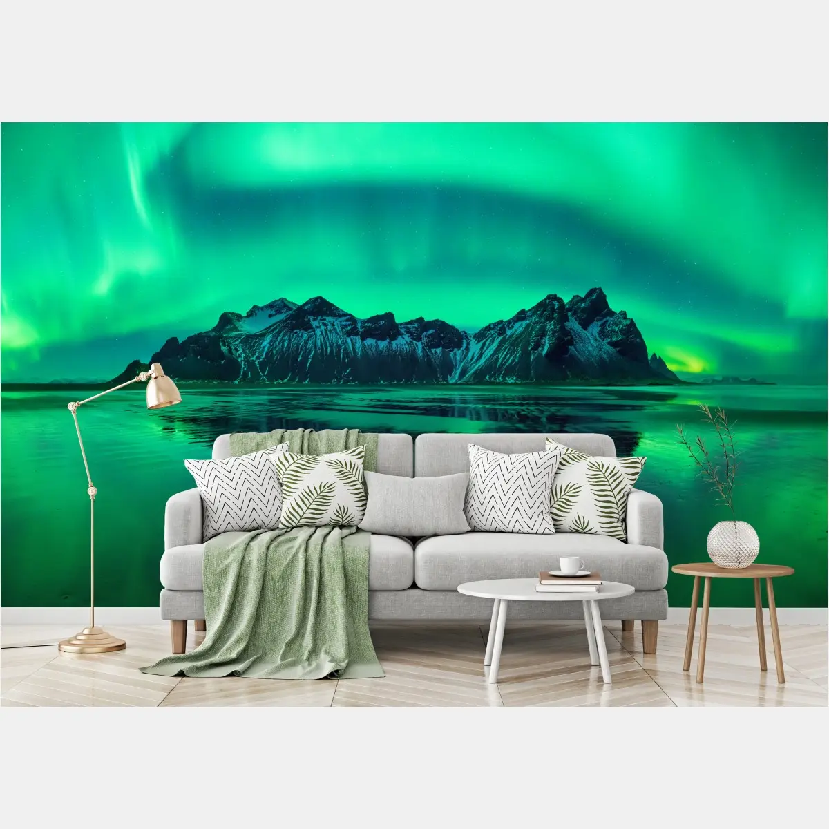 Wall mural aurora reflections over Vestrahorn, Stokksnes • Wallissimo®