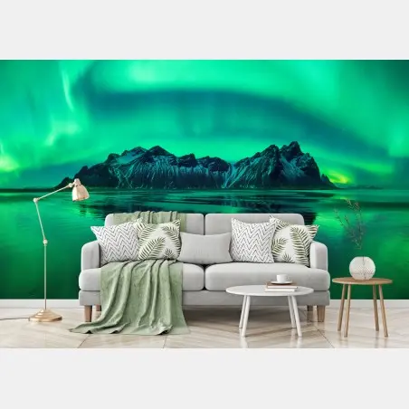 Wall mural aurora reflections over Vestrahorn, Stokksnes • Wallissimo®