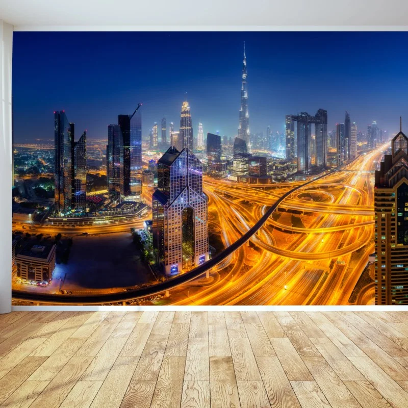 Wall mural Dubai night skyline panoramic
