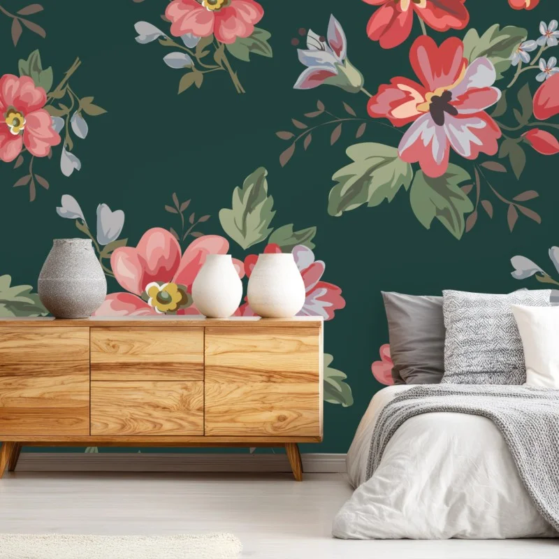 Wall mural vintage pink floral pattern on deep green