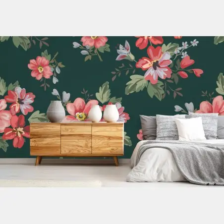 Wall mural vintage pink floral pattern on deep green • Wallissimo®