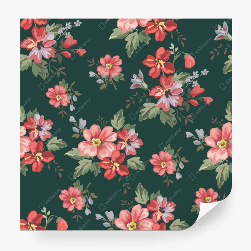 Wall mural vintage pink floral pattern on deep green