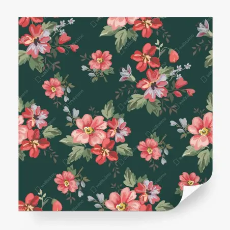 Wall mural vintage pink floral pattern on deep green • Wallissimo®