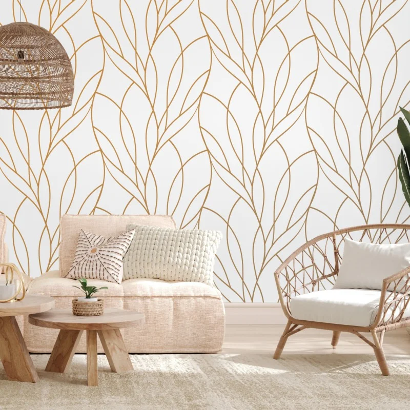 Wall mural golden leaf pattern on white background