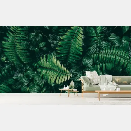 Wall mural lush tropical green leaves • Wallissimo®