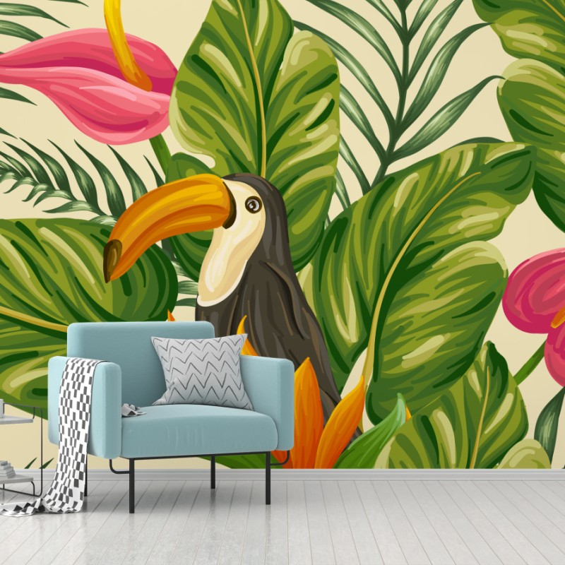 Wall mural tropical toucan botanical pattern