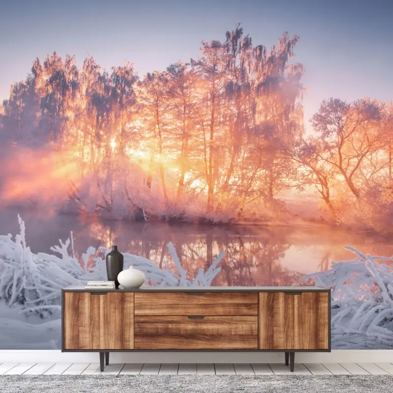 Wall mural winter sunrise over frozen river