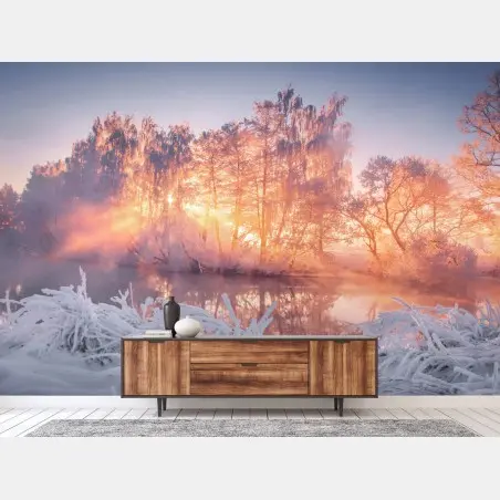 Wall mural winter sunrise over frozen river • Wallissimo®