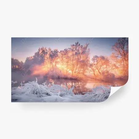 Wall mural winter sunrise over frozen river • Wallissimo®