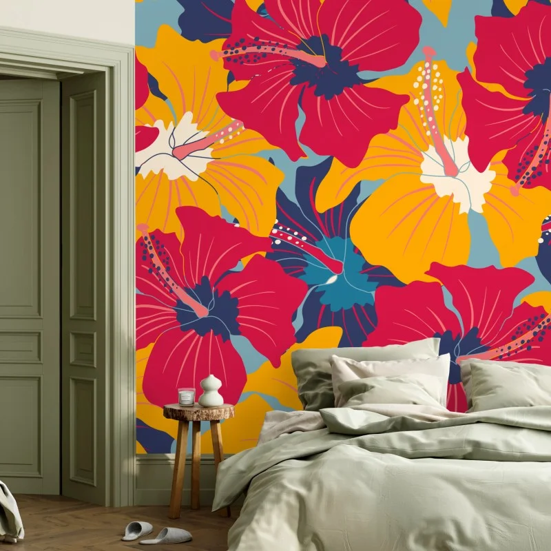 Wall mural vibrant hibiscus floral pattern