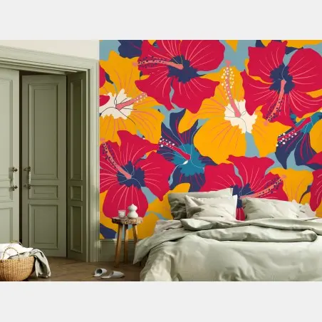 Wall mural vibrant hibiscus floral pattern • Wallissimo®