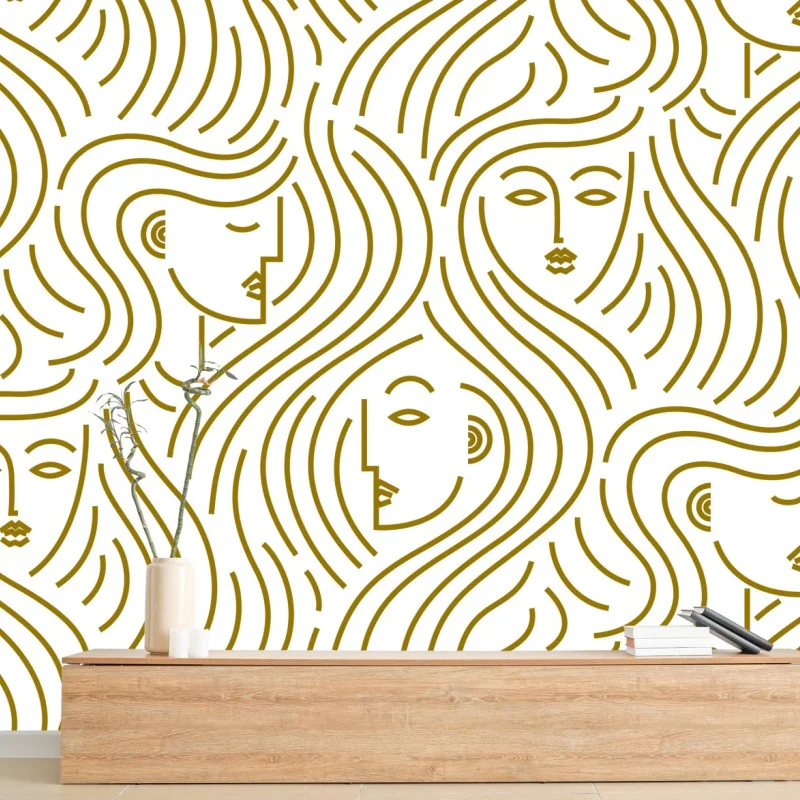 Wall mural golden flowing faces seamless pattern