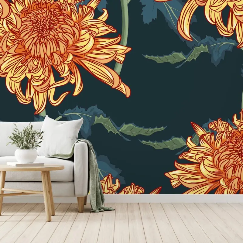 Wall mural golden chrysanthemum botanical print