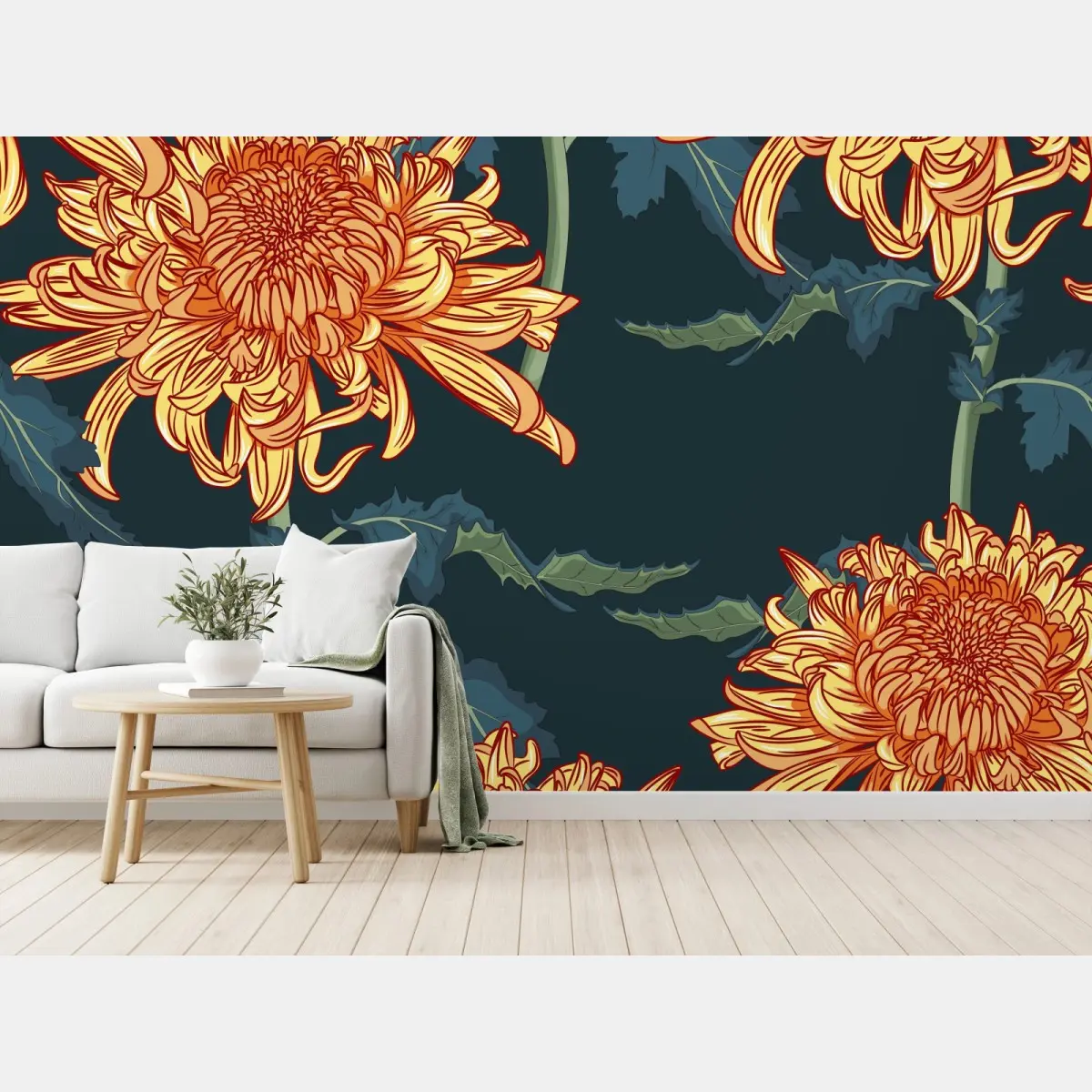 Wall mural golden chrysanthemum botanical print • Wallissimo®