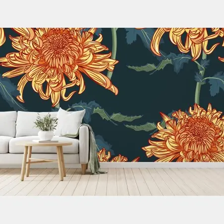 Wall mural golden chrysanthemum botanical print • Wallissimo®