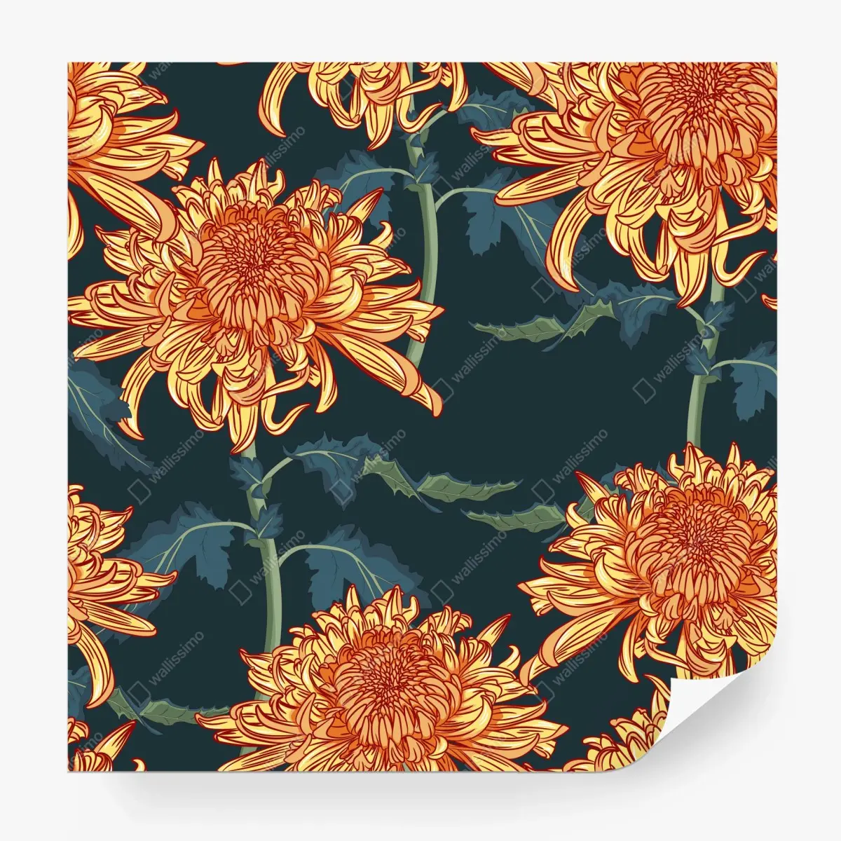 Wall mural golden chrysanthemum botanical print • Wallissimo®